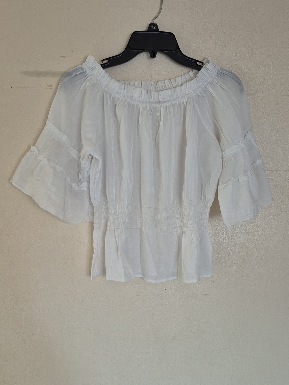White Off-Shoulder Smocked Waist Peasant Blouse